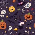 Happy Halloween Seamless pattern with pumpkins, bat, decoration elements, cartoon style. Witchcraft, withcore aesthetic Royalty Free Stock Photo