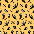 Happy Halloween-seamless pattern with set of characters-bats, ghosts, skulls and bones. Textured background for greeting card, Royalty Free Stock Photo