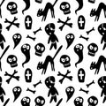 Happy Halloween-seamless pattern with set of characters-witch`s black cat, zombie, ghost, skull. Textured background for greeting Royalty Free Stock Photo