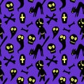 Happy Halloween-seamless pattern with set of characters-witch`s black cat, zombie, ghost, skull. Textured background for greeting Royalty Free Stock Photo
