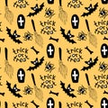 Happy Halloween-seamless pattern with set of characters-witch`s broom, bones, spider, bat. Trick or treat-lettering. Textured Royalty Free Stock Photo