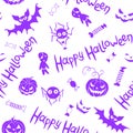 Happy Halloween-seamless pattern of traditional purple holiday symbols-pumpkin, Jack lantern, zombie, bat, spider