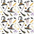 Happy Halloween seamless pattern with wich hat, broom, Magic wand, candy sweets party decorations. Watercolor Cartoon