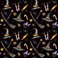 Happy Halloween seamless pattern with wich hat, broom, Magic wand, candy sweets party decorations. Watercolor Cartoon