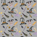 Happy Halloween seamless pattern with wich hat, broom, Magic wand, candy sweets party decorations. Watercolor Cartoon