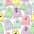 Happy Halloween seamless vector pattern with colorful ghosts on white background.