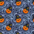 Happy Halloween seamless vector pattern with cute pumpkin and bats Royalty Free Stock Photo