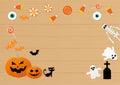 Happy halloween set of characters in cartoon paper style on the wood table, horizontal view from above.