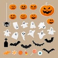 Happy halloween set of characters in cartoon sticker style with pumpkin, spider, ghost, bat and candy on paper background. Royalty Free Stock Photo