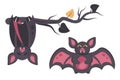 Happy Halloween. Set of cute cartoon bats isolated. Spooky animal with wings spread and upside down on branch. Funny scary Royalty Free Stock Photo