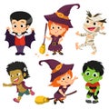 Happy Halloween. Set of cute cartoon children in colorful halloween costumes:witches,dragula,mummy,frankenstein,zombie.Cartoon Royalty Free Stock Photo