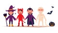 Happy Halloween. Set of cute cartoon kids in colorful Halloween costumes: witches, dragula, mummy, devil. Set of cartoon