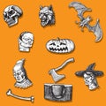 Happy Halloween. Set of hand drawn hand icons head vampire pumpkin werewolf the executioner the ax chopping block bone skull