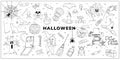 Happy halloween. Set of horror hand drawn doodle. Pumpkins, ghost, skull, cemetery, black cat, poison bottles, hat