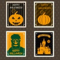 Happy Halloween Set Postage Stamps with black castle, zombie, halloween cartoon symbol. Vector isolated retro vintage Royalty Free Stock Photo