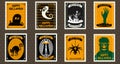 Happy Halloween Set Postage Stamps with ghost, scull, grave, zombie, castle, Vampire, spider, hand, halloween cartoon Royalty Free Stock Photo