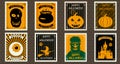 Happy Halloween Set Postage Stamps with pumpkin, scull, witch cauldron, zombie, castle, witch on broomstick, eye Royalty Free Stock Photo