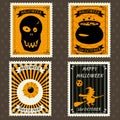 Happy Halloween Set Postage Stamps with scull, witch cauldron, witch on broomstick, eye, halloween cartoon symbol Royalty Free Stock Photo