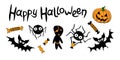 Happy Halloween. Set of traditional festive design elements and symbols. Simple icons and lettering in flat style Royalty Free Stock Photo