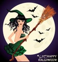 Happy Halloween. young witch with broom