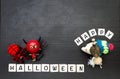 Happy Halloween sign with Happy red devil and red wool spider with wooden dog doll on black background