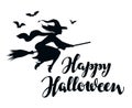 Happy Halloween. Silhouette young witch flying on broomstick Royalty Free Stock Photo