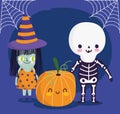 Happy halloween, skeleton witch costume and pumpkin trick or treat party celebration