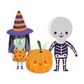 Happy halloween, skeleton witch costume and pumpkin trick or treat party celebration