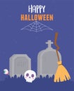Happy halloween skull broom tombstones spooky eye and cobweb