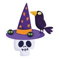 Happy halloween, skull with hat raven and spiders trick or treat party celebration