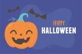 Happy halloween smiling pumpkin and flying bats cards