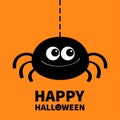 Happy Halloween. Spider icon. Hanging dash line web. Cute cartoon kawaii kids baby animal character. Black silhouette. Funny Royalty Free Stock Photo