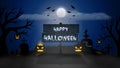 Happy Halloween spooky background. Foggy landscape with nameplate, bats, full moon, pumpkins, trees and gravestones on graveyard