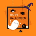 Happy Halloween. Square frame. Flying ghost Three black spider web dash line silhouette. Pumpkin, eyeball, witch hat. Cute cartoon