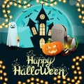 Happy Halloween, square greeting postcard with old castle, full big moon, ghost, tombstone and pumpkin Jack