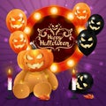 Happy Halloween, square purple template with Helloween ballons, garland, circle sign with congratulations and Teddy bear
