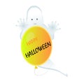 Happy halloween sticker with a friendly white ghost and a balloon