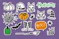 Happy Halloween sticker set. Vector Handdrawn sketch. Halloween lettering, spider web, witch cats, bat, hat, spider Royalty Free Stock Photo