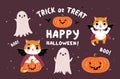 Happy halloween stickers set with cats. Ginger cat and ghosts vector illustration collection