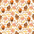 Happy Halloween sweet seamless pattern. Trick or treat. Cartoon vector illustration candy and lollipop.