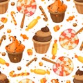 Happy Halloween sweet seamless pattern. Trick or treat. Cartoon vector illustration candy and lollipop. Royalty Free Stock Photo