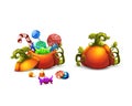 Happy Halloween sweets and candies icons in pumpkin. Trick or Trick!