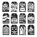 Happy halloween tags set white color on black background with skull, pumpkin, spider, bat Royalty Free Stock Photo