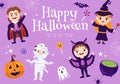 Happy Halloween Template Background Hand Drawn Cartoon Flat Illustration with Children Wearing Various Costumes, Haunted House, Royalty Free Stock Photo