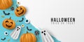 Happy Halloween template. 3d emotional, cartoon, smiling pumpkins with eyes, sweets, lollipops, flying bats, ghost on blue