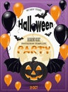 Happy Halloween template design invitation flyer or party poster. Drawing placard with bat, evil pumpkin and balloons. Royalty Free Stock Photo