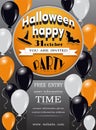 Happy Halloween template design invitation flyer or party poster. Drawing placard with bat, hat, banner tape and balloons
