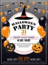 Happy Halloween template design invitation flyer or party poster. Drawing placard with evil pumpkin, hat and balloons. Royalty Free Stock Photo