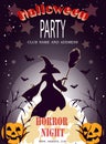 Happy Halloween template design invitation flyer or party poster. Drawing placard silhouette witch, full moon and evil pumpkin
