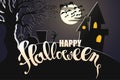 Happy Halloween text on background of dark spooky cemetery with grave stones, scary tree , haunted house in full moon light and Royalty Free Stock Photo